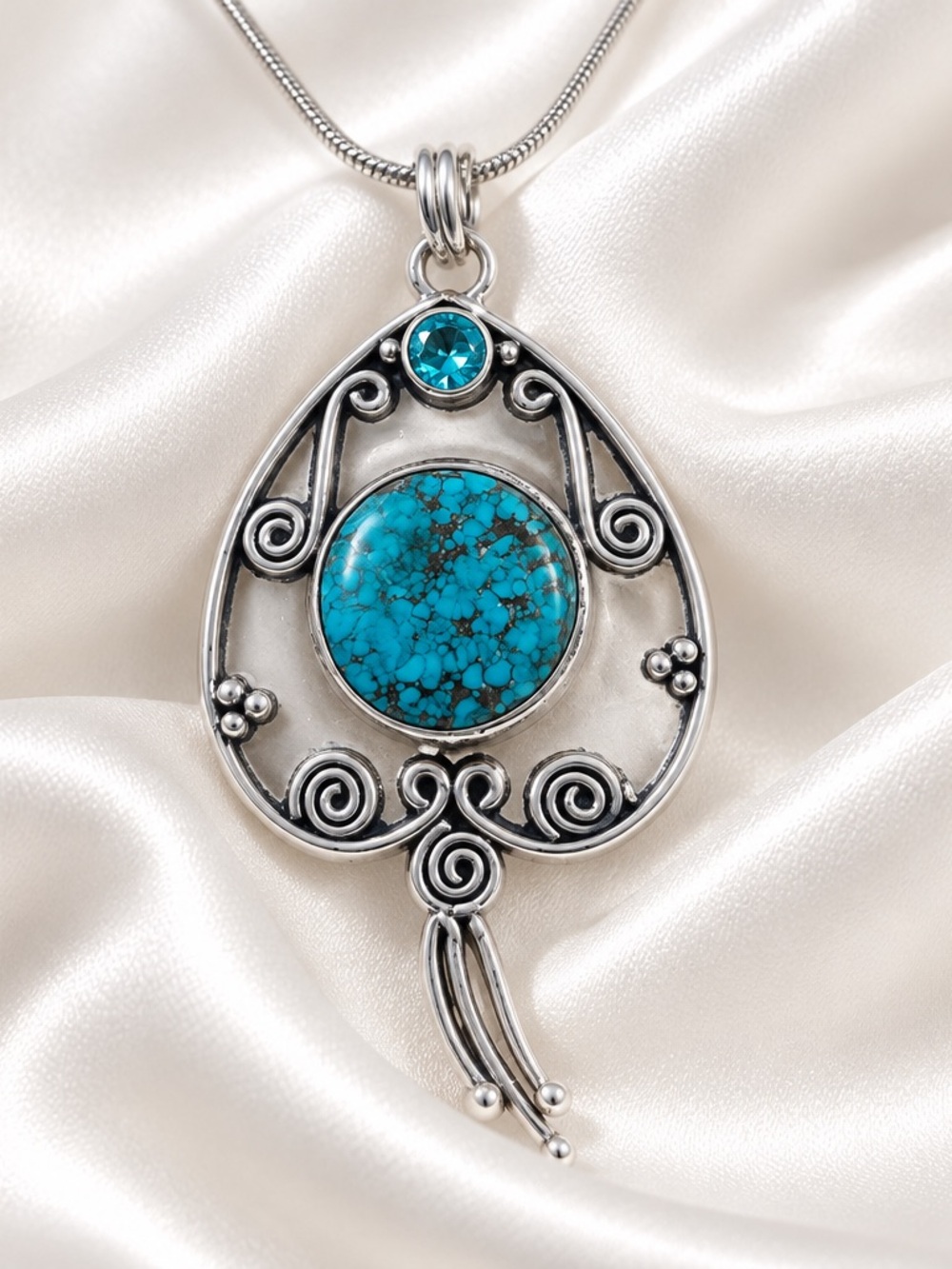 Turquoise Stone 925 Silver Pendant Necklace - Blue Topaz Accent on 18” chain